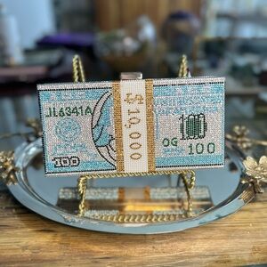 Rhinestone Embellished Bling US Dollar $10,000 Sign Money Clutch Bag In Blue New